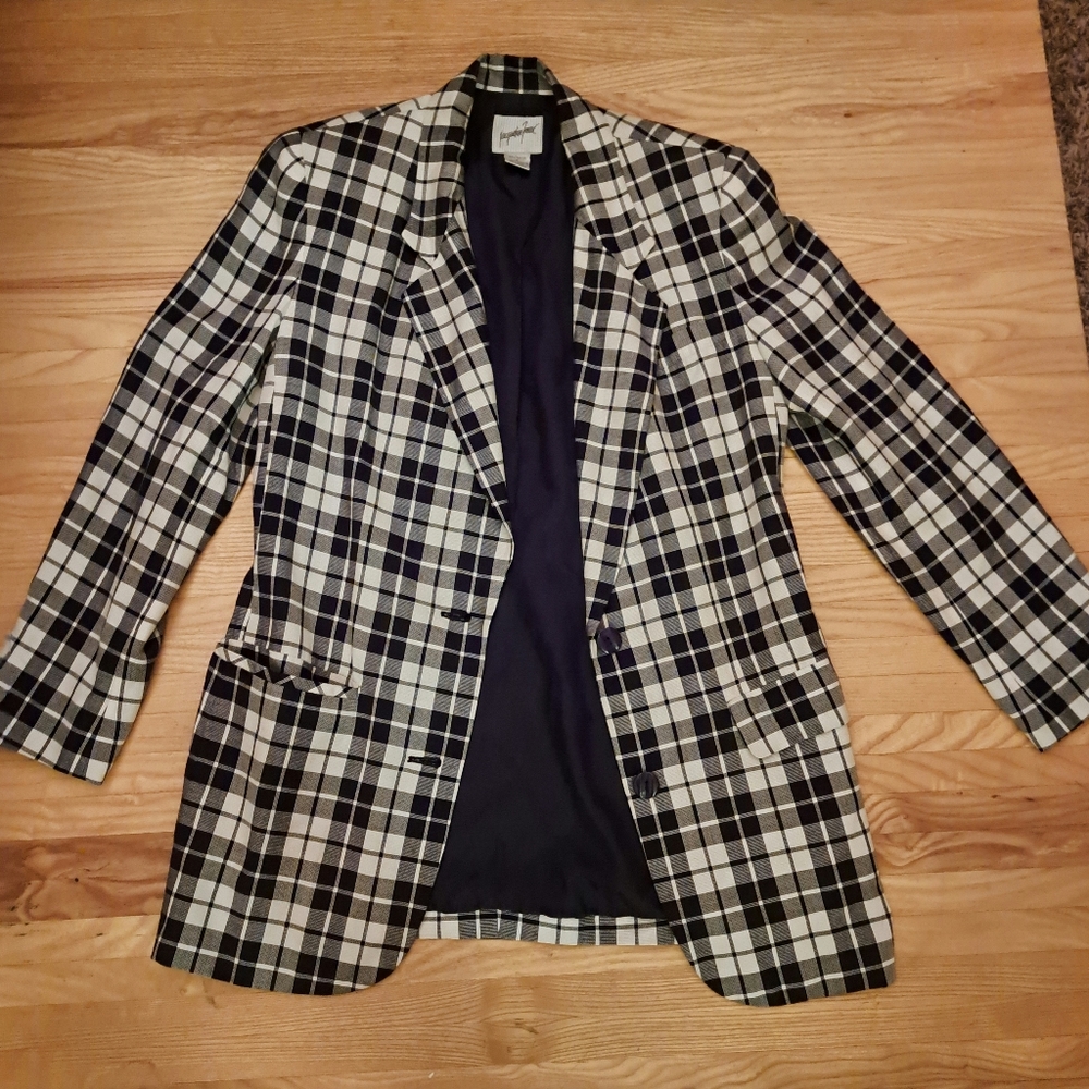 Vtg 90's Jacqueline Ferrar Italian Navy & White Check Plaid  Blazer 4/6